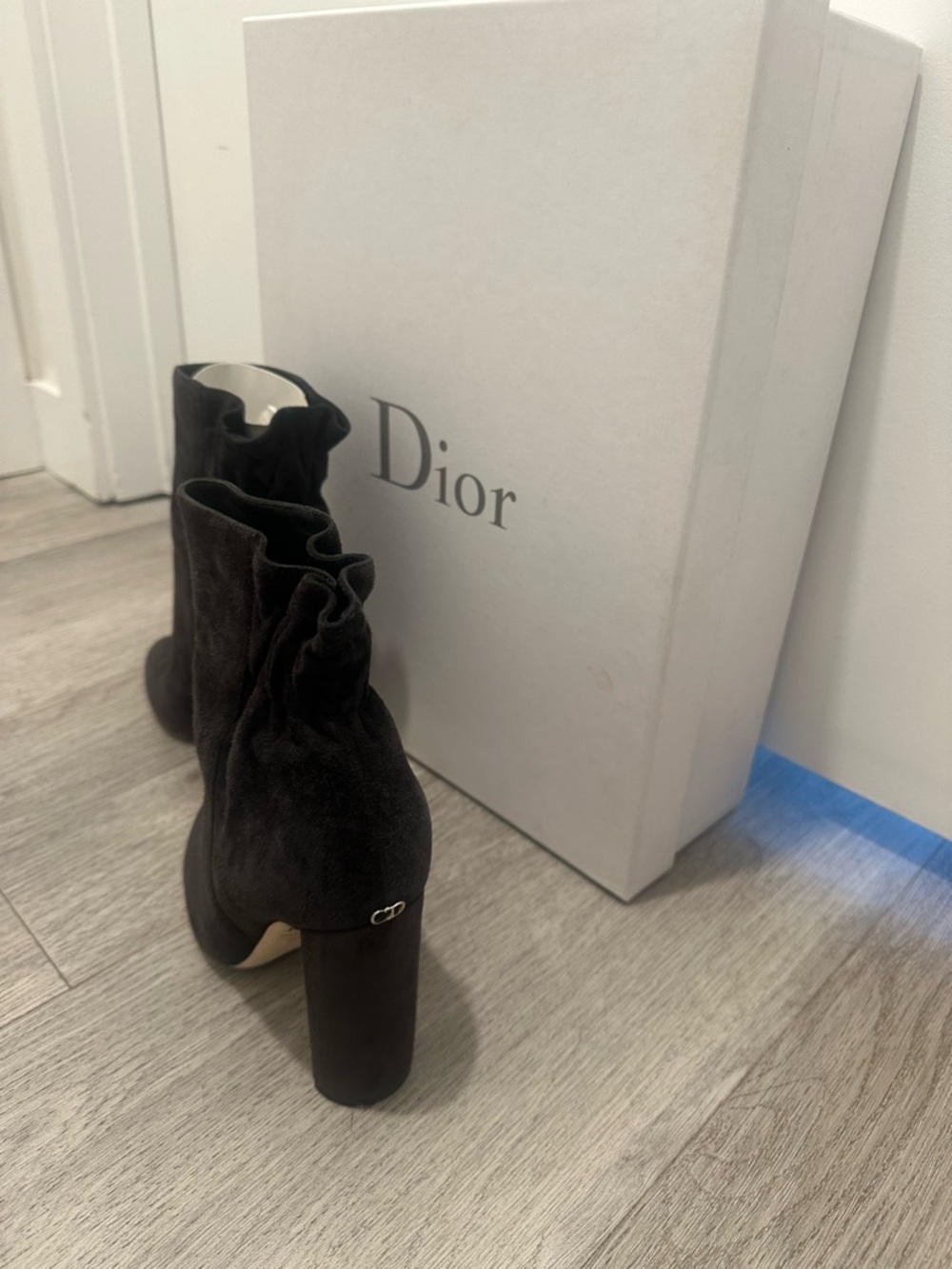 Dior Dark Brown Suede Ruffle Ankle Boots with Block Heel
